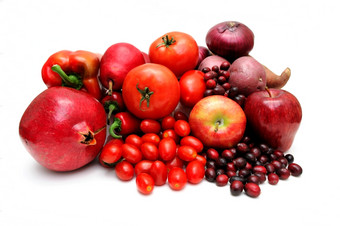 红色的水果和蔬菜蔬菜而且水果所有红色的着色包括石榴红色的梨大而且樱桃西红柿苹果甜蜜的土豆辣椒辣椒而且小红莓