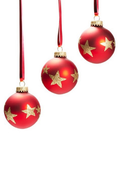 三个挂无趣的红色的圣诞节球与金星星三个挂无趣的红色的圣诞节球与金闪闪发光的星星白色背景