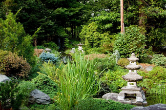 美丽的和<strong>平日</strong>本zen花园使用为冥想而且放松填满与绿色植被而且花岗岩六角由纪味灯笼