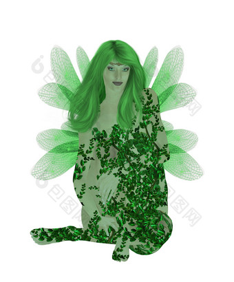 半透明的绿色仙女坐着下来