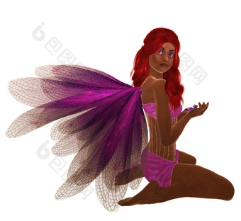 非洲美国紫色的仙女与红色的头发坐着持有花她的手