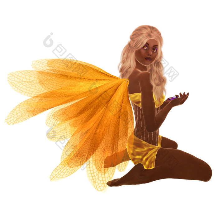 非洲美国黄色的仙女与金发女郎头发坐着持有花她的手