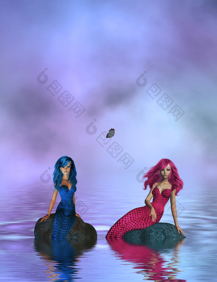 一个蓝色的美人鱼和一个粉红色的美人鱼坐着岩石的中间的海洋