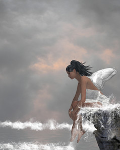 天使坐着窗台瀑布的海洋