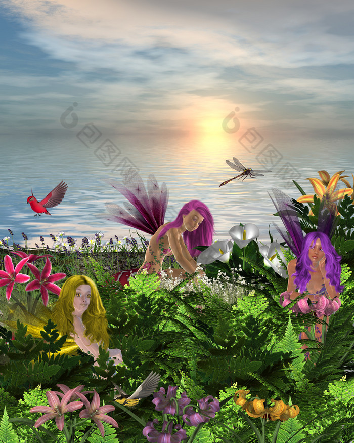 仙女坐着和站周围花的海滩与鸟和蜻蜓