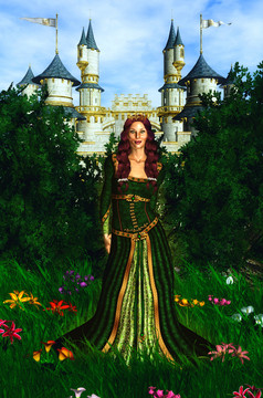 公主穿绿色衣服站前面城堡
