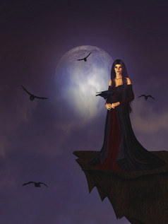 哥特女人站窗台包围乌鸦完整的月亮