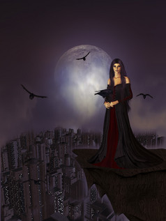 哥特女人站窗台包围乌鸦完整的月亮