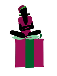 圣诞节精灵坐着礼物盒子插图轮廓白色背景