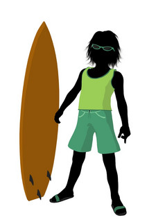 海滩男孩与冲浪板插图轮廓白色背景