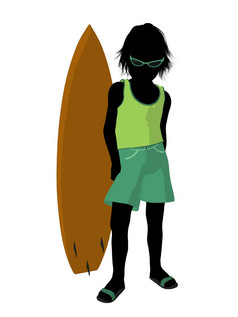 海滩男孩与冲浪板插图轮廓白色背景