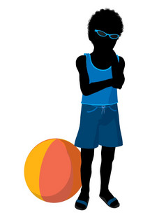 非洲美国海滩男孩与海滩球插图轮廓白色背景