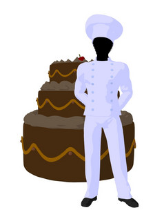 非洲美国老板与大蛋糕轮廓白色背景