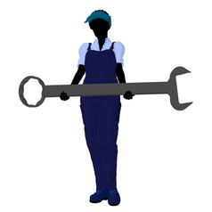 非洲美国女机械师与扳手插图轮廓白色背景
