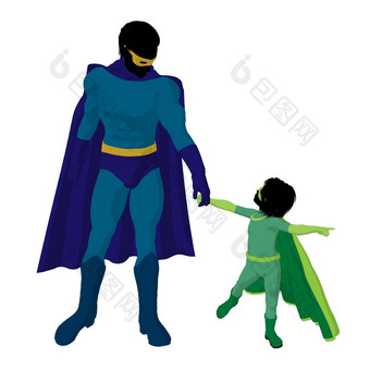 超级英雄爸爸与孩子轮廓白色背景