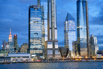 摩天大楼曼哈顿日落从巡航船新纽约城市