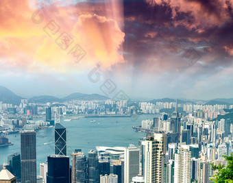 美丽的视图在香港香港城市天际线从维多利亚峰中国