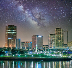 市中心三迭戈布满星星的晚上加州视图从的城市港口
