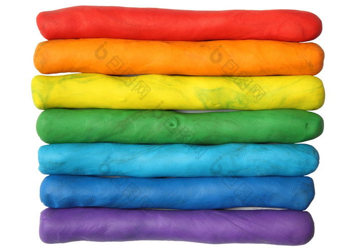 彩虹颜色橡皮泥玩面团建模粘土孤立的在白色