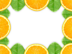 摘要框架与交叉橙色水果而且绿色叶特写镜头工作室摄影