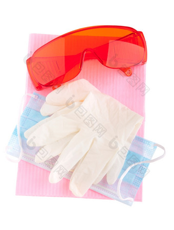 健康而且安全设备眼镜手套面具而且围嘴防止交叉感染孤立的白色