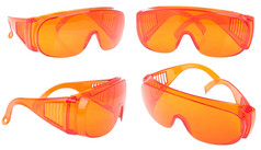 集合橙色安全眼镜为病人其他健康设备防止交叉感染孤立的白色