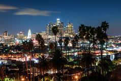 美丽的晚上这些洛杉矶市中心天际线和棕榈树前景
