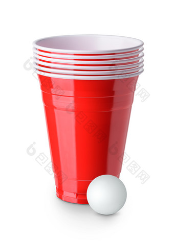 啤酒发出难闻的气味红色的塑料杯和平发出难闻的气味球孤立的白色背景