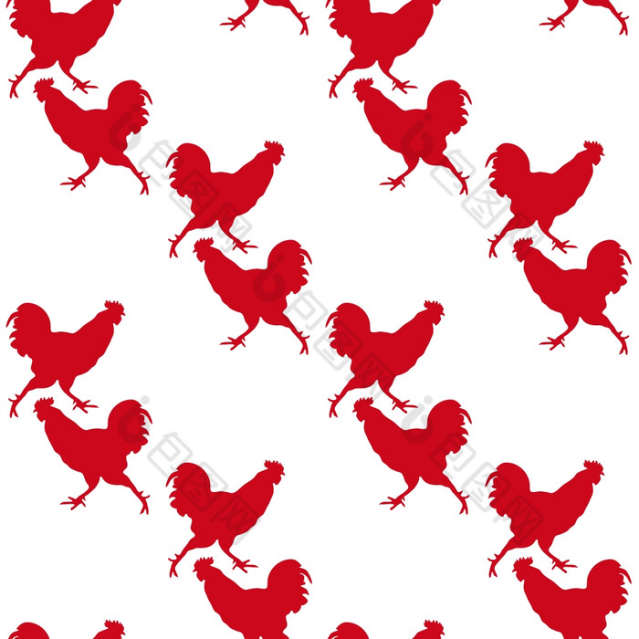 许多公鸡无缝的点缀组成小红色的轮廓公鸡向量插图
