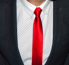执行穿着业务服装红色的丝绸领带而且灰色羊毛西装