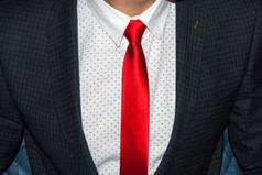 执行穿着业务服装红色的丝绸领带而且灰色羊毛西装