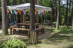 夏天孩子公共露营与表格椅子凹室和壁炉的松柏科的森林附近主教村保加利亚