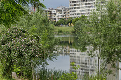春天全景部分住宅区社区沿着湖与绿色树灌木和花德鲁伊巴索菲亚保加利亚