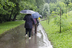 多雨的一天走与雨伞rila公园附近小镇杜普尼察保加利亚