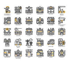 集城市元素薄行和像素完美的图标为任何网络和应用程序项目