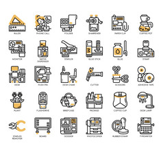 集办公室设备薄行和像素完美的图标为任何网络和应用程序项目