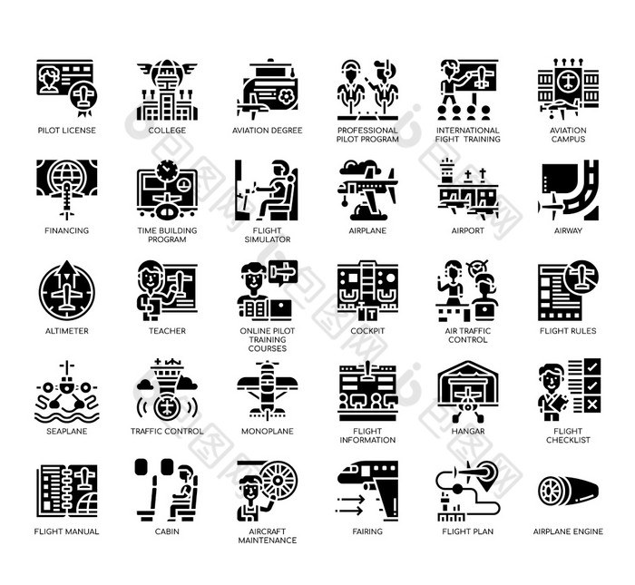 集世界类飞行学院薄行和像素完美的图标为任何网络和应用程序项目