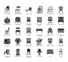 集类型椅子薄行图标为任何网络和应用程序项目
