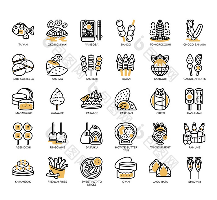 集日本节日食物薄行图标为任何网络和应用程序项目