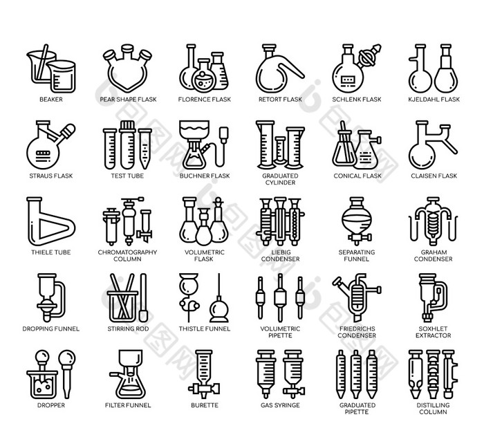 集实验室玻璃器皿薄行图标为任何网络和应用程序项目