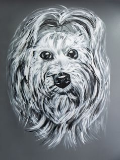 大丙烯酸绘画肖像狗与一丛头发黑色的和白色灰色的水泥墙backgroundfor装饰的纪念宠物与老板