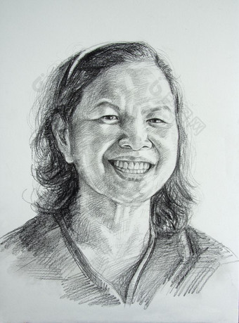 画肖像岁的亚洲女人黑色的和白色铅笔纸
