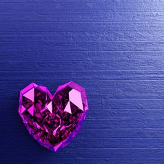 紫色的心形状钻石蓝色的木背景象征为情人节一天渲染