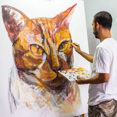 亚洲艺术家油漆肖像姜猫丙烯酸颜色白色帆布