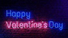快乐情人节rsquo一天信霓虹灯光形状粉红色的和蓝色的砖墙插图