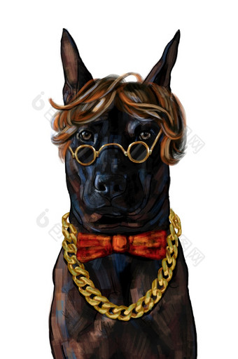 赶时髦的人黑色的泰国脊背犬狗穿大黄金项链红色的弓眼镜和很酷的头发风格孤立的白色背景数字绘画