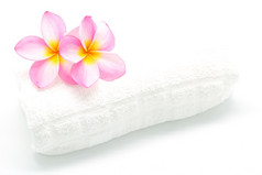 粉红色的Plumeria花与白色毛巾水疗中心条件