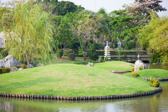 草坪上集的花园池塘在的公园