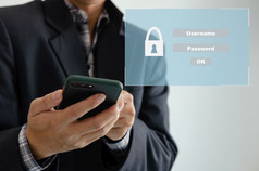 手使用移动手机在线账户加密保护网站的互联网网络安全概念虚拟屏幕