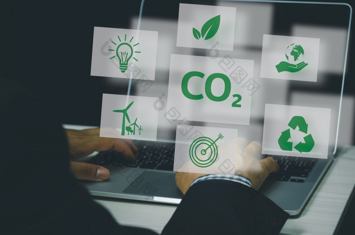 组织公司开发碳信贷业务虚拟屏幕减少排放可持续发展的业务发展概念